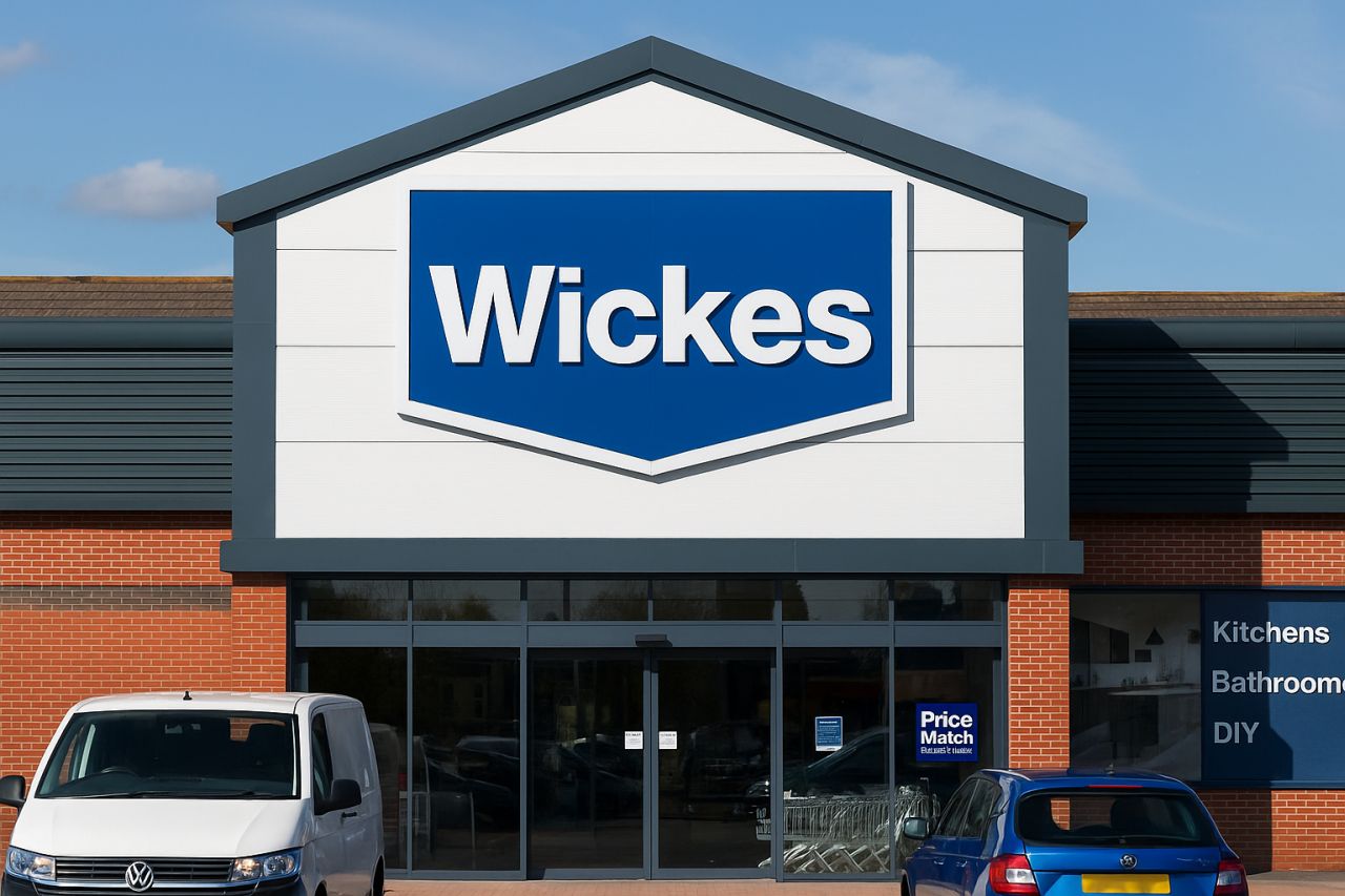 La scritta Wickes in grande sull'entrata di un edificio
