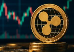 Una moneta di XRP con un grafico a candele sullo sfondo