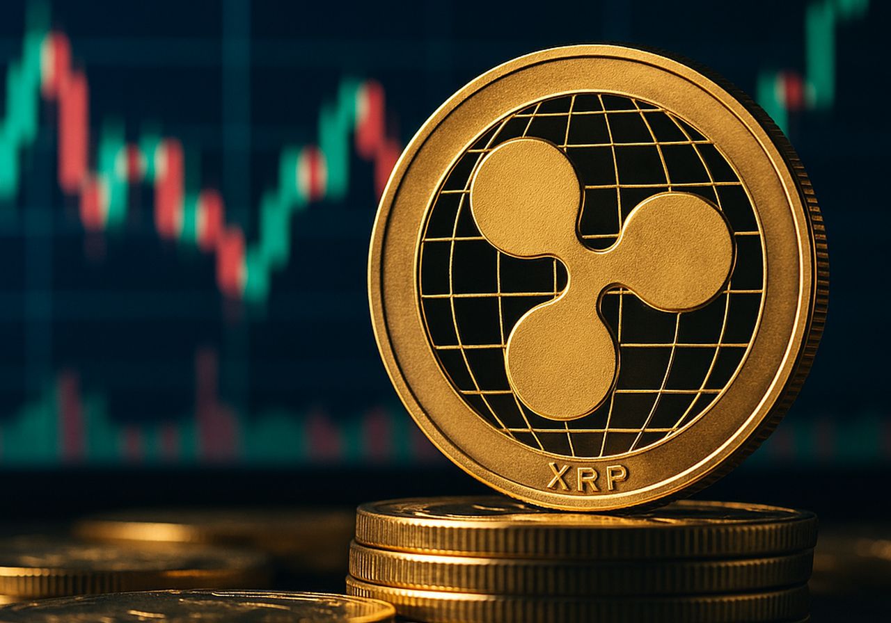 Una moneta di XRP con un grafico a candele sullo sfondo