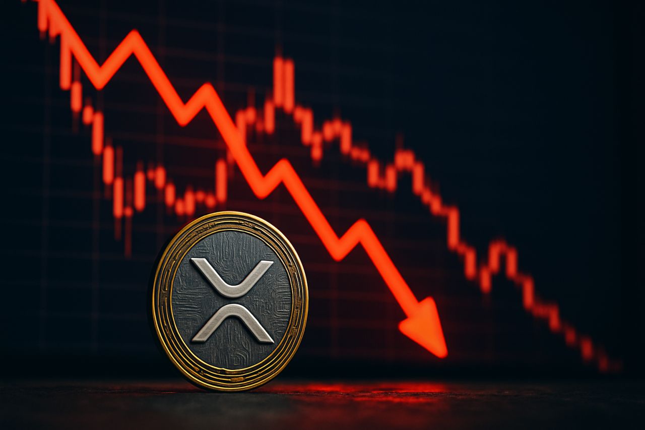Una moneta con il simbolo di XRP e un grafico in discesa sullo sfondo