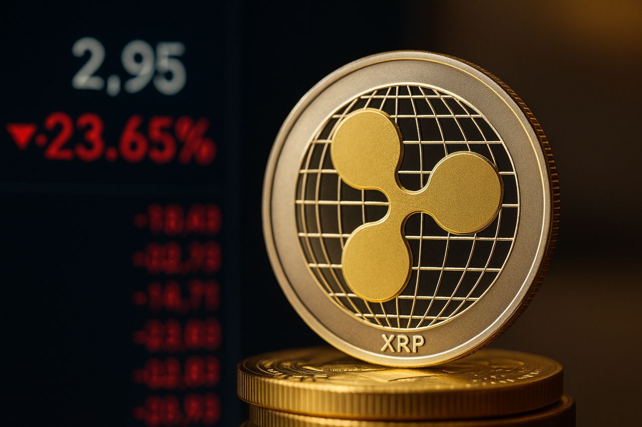 una moneta con il simbolo di XRP e alcune cifre sullo sfondo