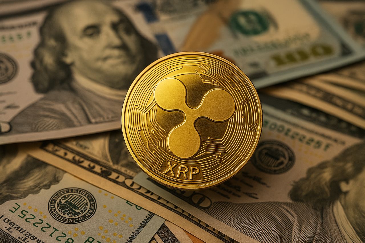 una moneta con il simbolo di XRP con delle banconote sullo sfondo
