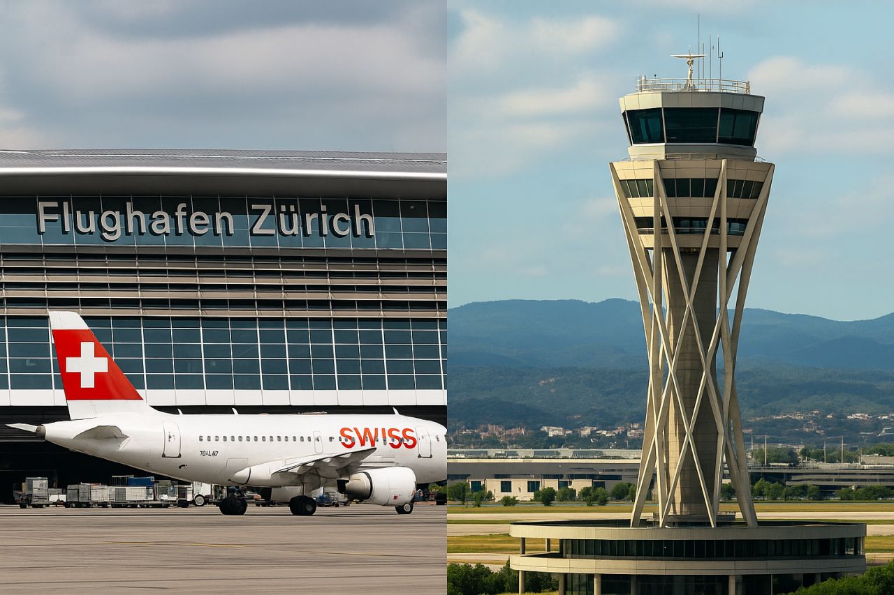 Un'immagine divisa in due con un aereo passeggeri della compagnia svizzera a sinistra e una torre di controllo a destra