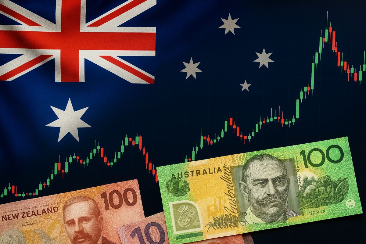 dollari AUD e dollari NZD e sullo sfondo bandiere Australia e Nuova Zelanda
