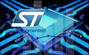 logo STM e sullo sfondo dei chips