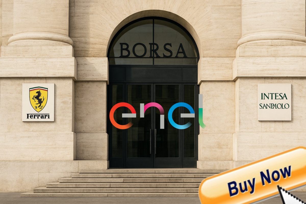 ingresso Piazza Affari con insegne Ferrari e Intesa Sanpaolo e logo di Enel