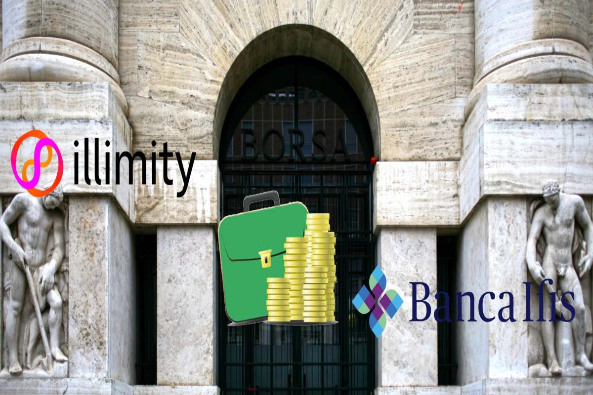 ingresso borsa Milano con logo illimity e Banca Ifis