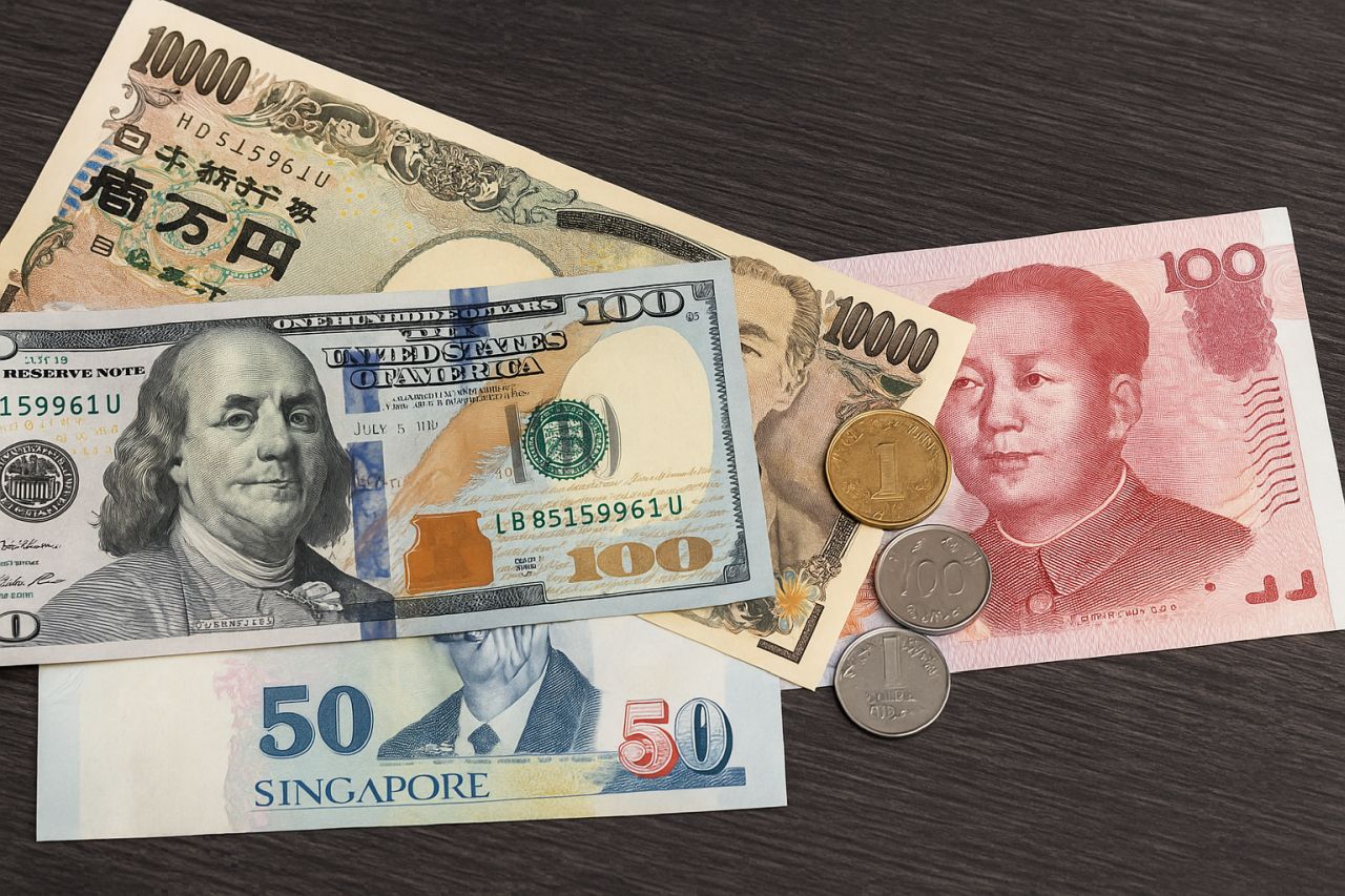 banconote in diverse valute tra cui yen e dollari
