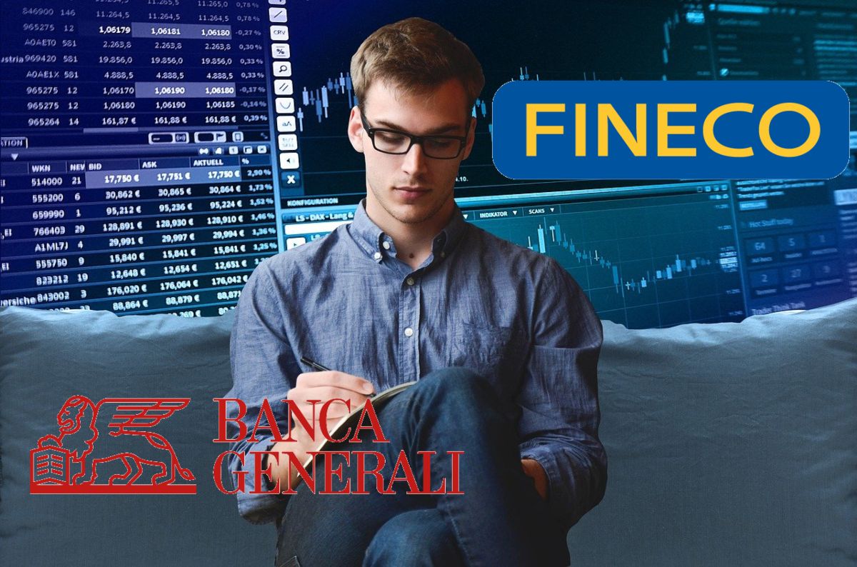 trader che ragiona e loghi di Fineco e Banca Generali