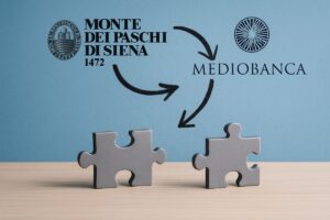 loghi di MPS e Mediobanca con tessere di puzzle