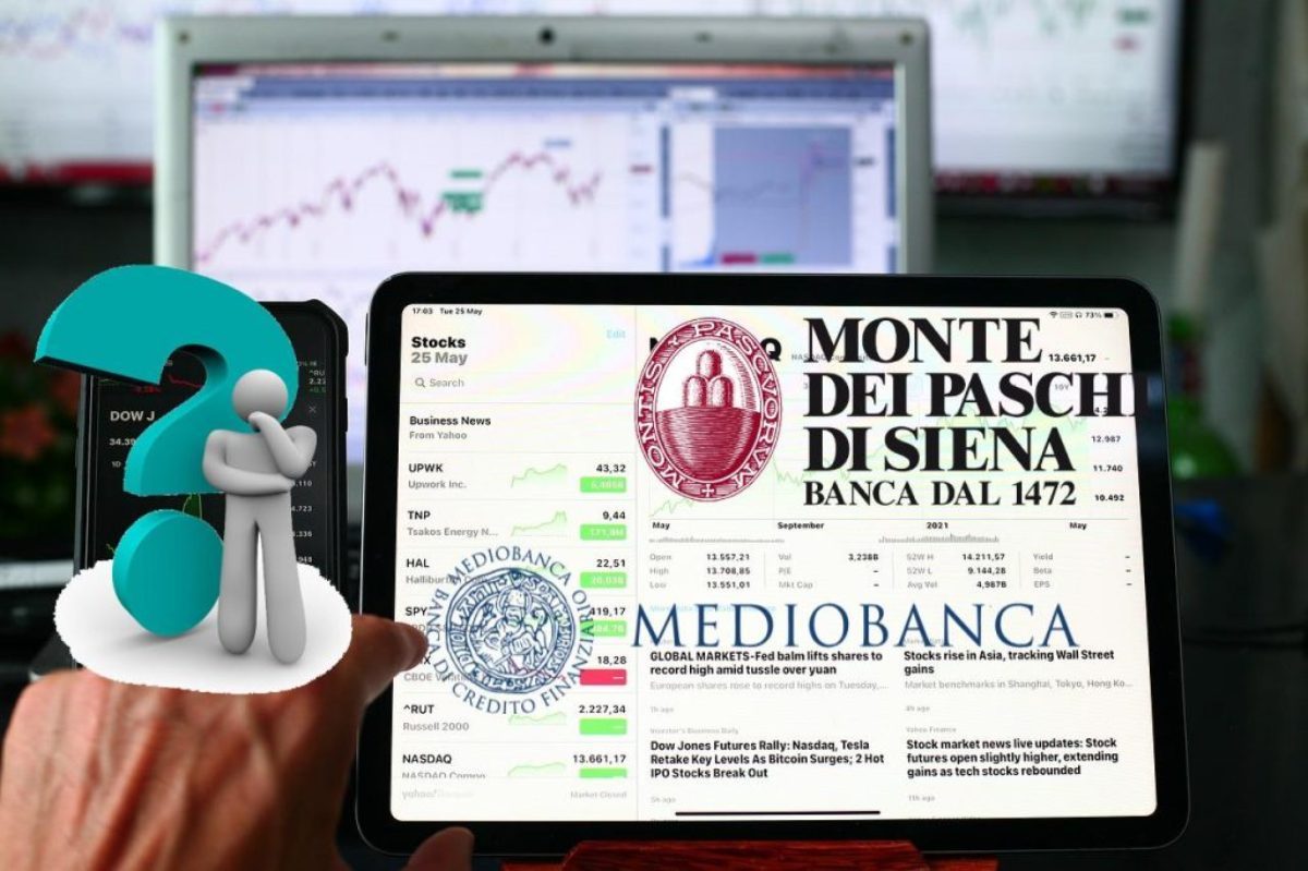 loghi di MPS e Mediobanca su chart di trading