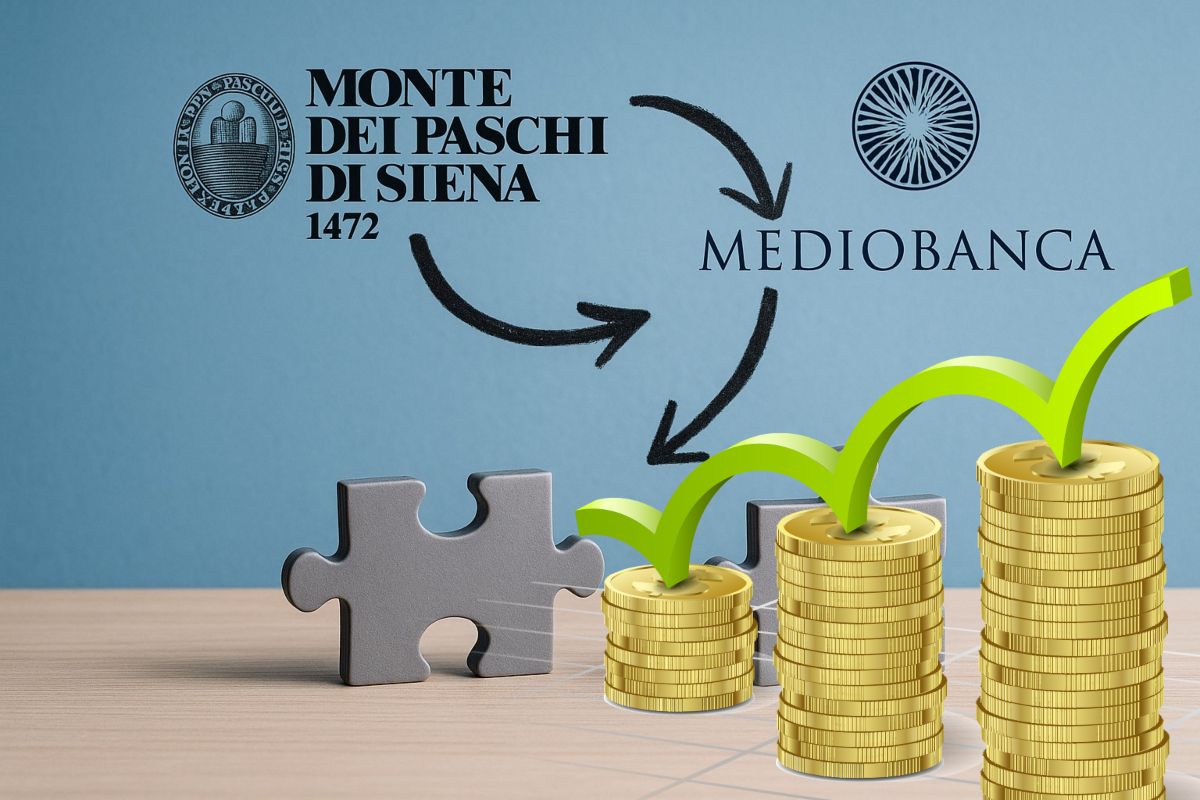 loghi di MPS e Mediobanca con puzzle e grafico al rialzo