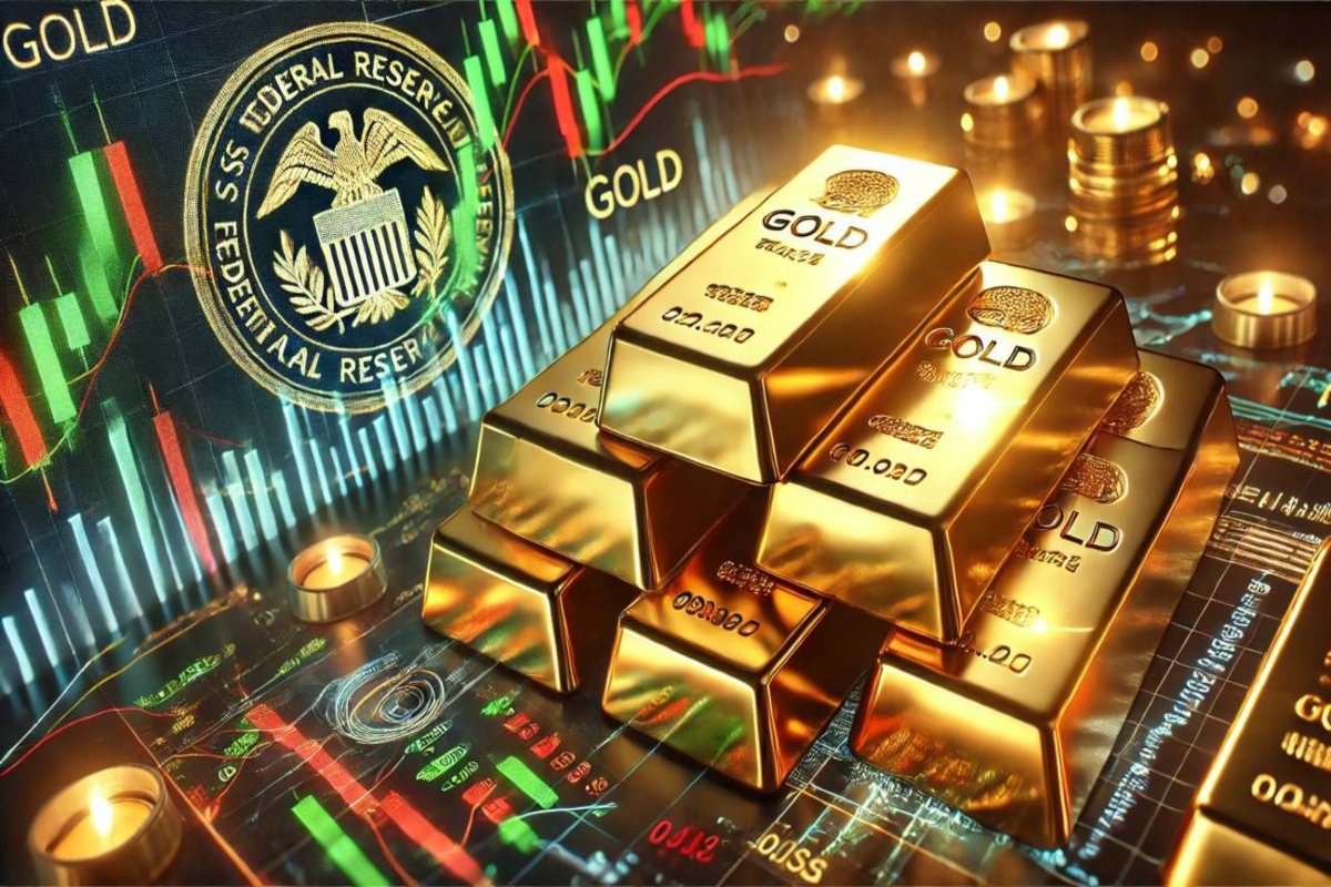 lingotti di oro e sullo sfondo logo della FED