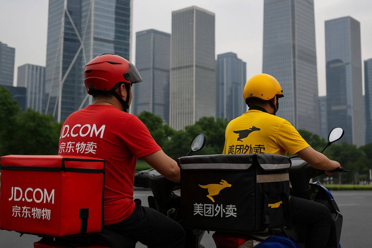 un rider con divisa JD.com e uno con quella di Meituan in una grande città