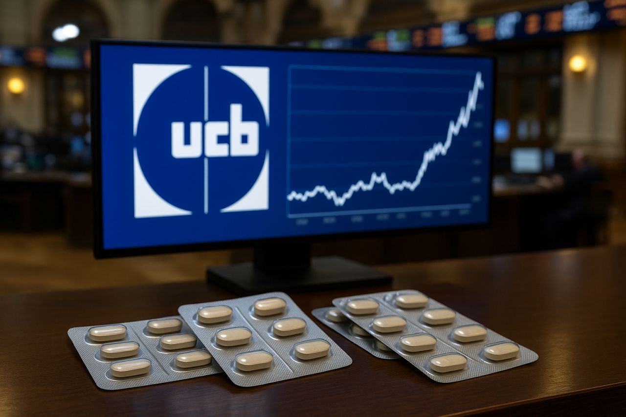 Uno schermo con la scritta ucb e dei blister di pasticche sul tavolo