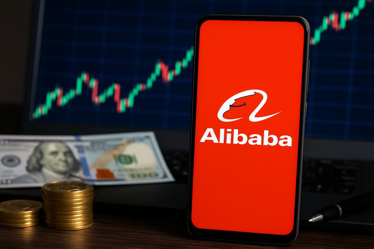 lo schermo di un dispositivo mobile con logo e scritta Alibaba. Sullo sfondo un grafico a candele e delle banconote