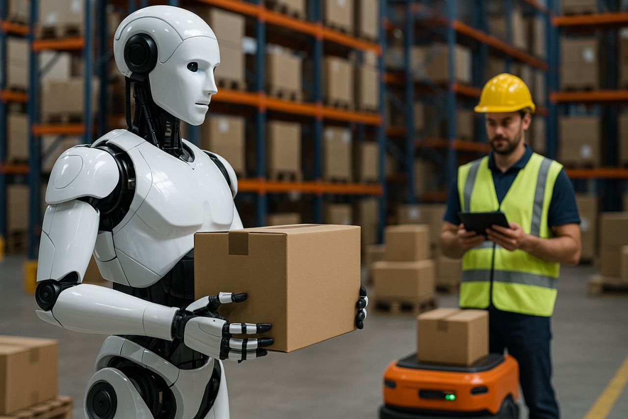 Un magazzino amazon con un robot che porta un pacco e un lavoratore umano