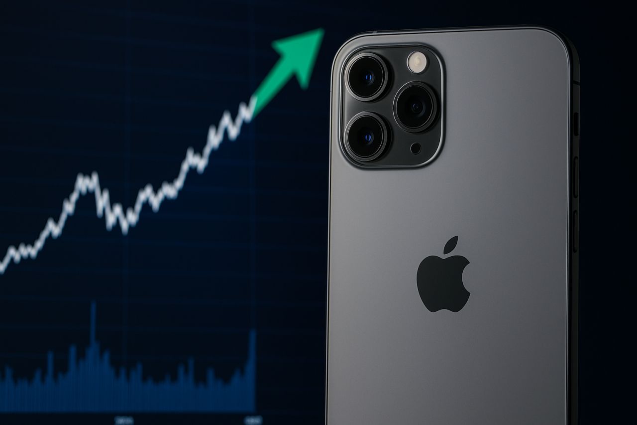 il dorso di un iPhone con il logo Apple in bella vista e un grafico in salita sullo sfondo