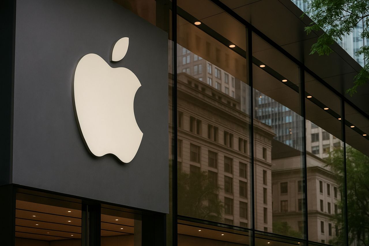 il simbolo della Apple sulla vetrata di un edificio
