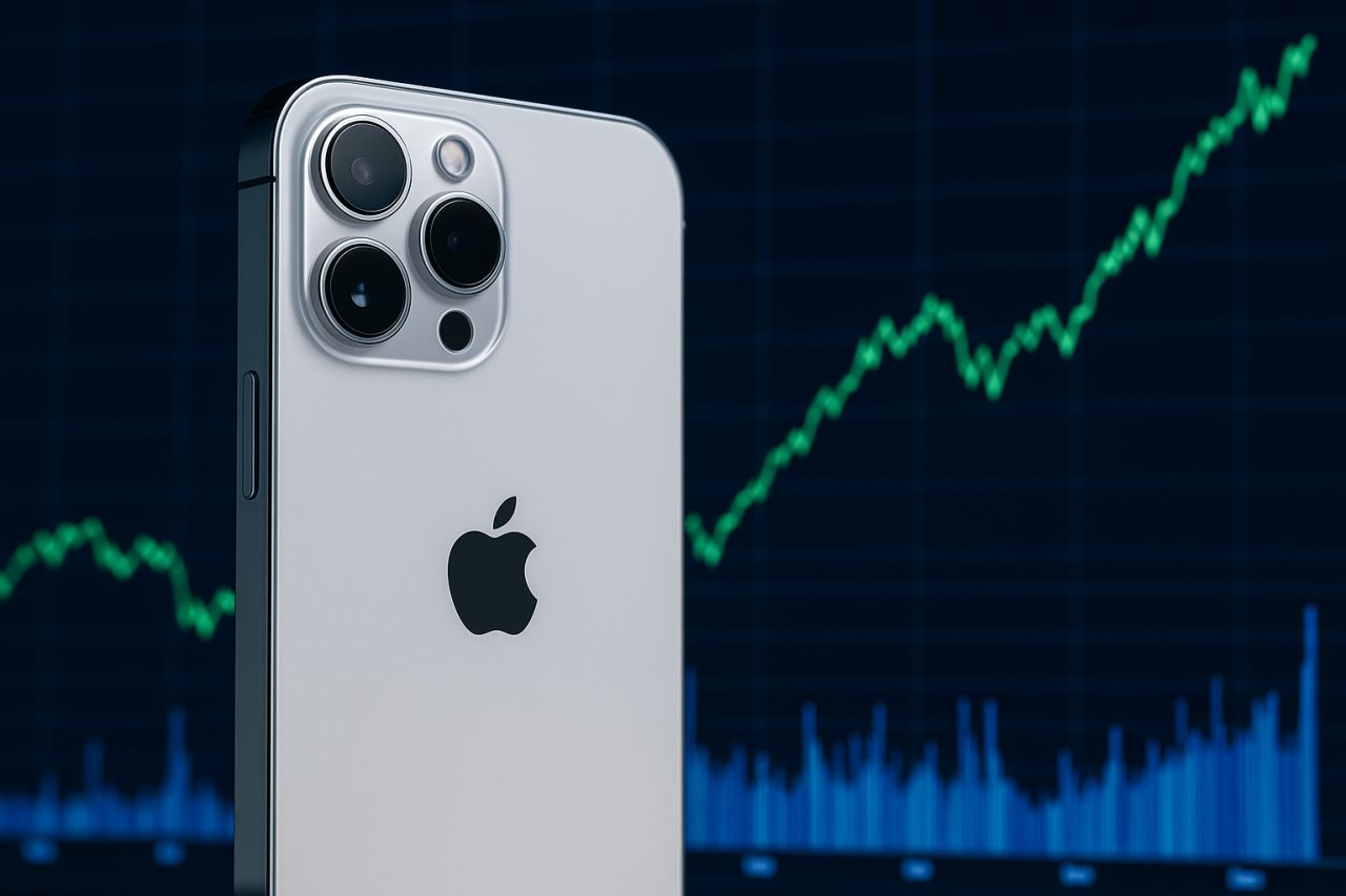 un iPhone con il logo di Apple al centro. Sullo sfondo un grafico finanziario in crescita