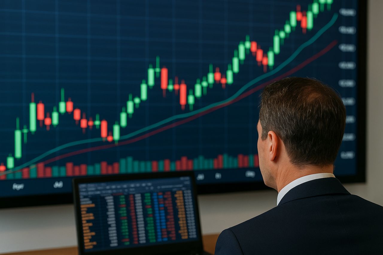 un trader di spalle con un pc davanti e uno schermo gigante con un grafico a candele sulla parete