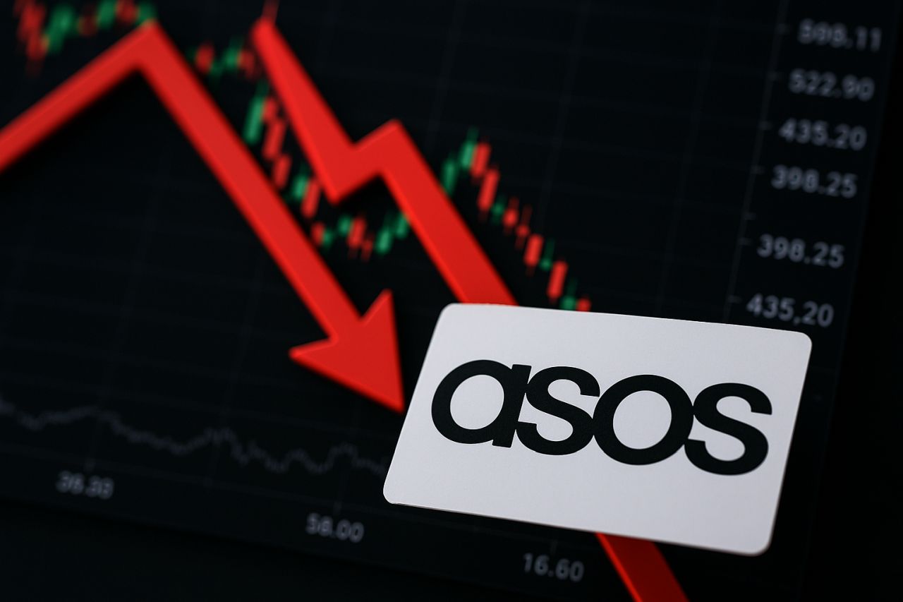 Un cartello bianco con la scritta Asos. Sullo sfondo un grafico a candele con un paio di frecce rosse verso il basso