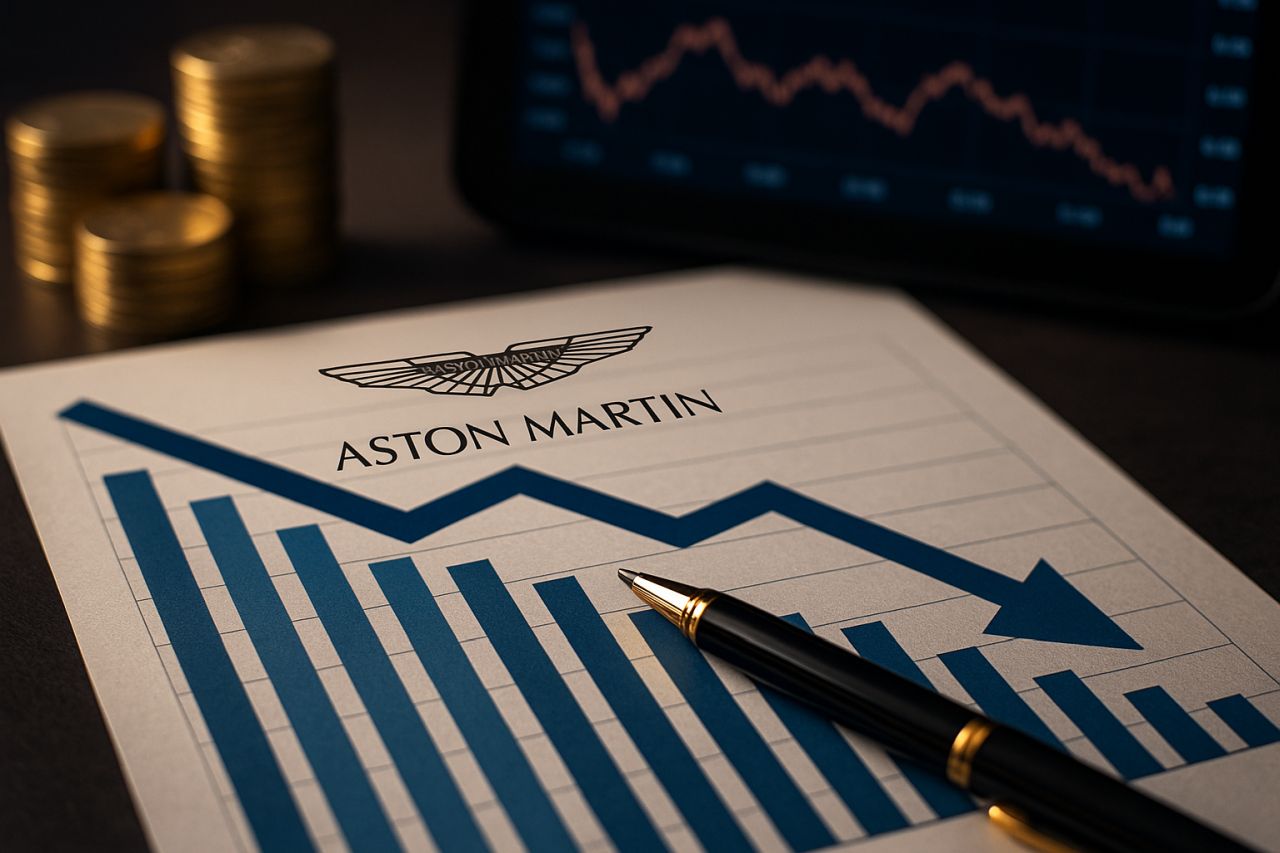 un foglio con un grafico a colonne e una freccia verso il basso con sopra il logo Aston Martin