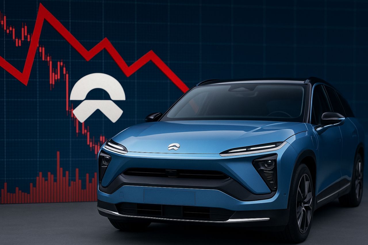Un'auto con marchio NIO, il logo in sovrimpressione in grande e un grafico finanziario in discesa sullo sfondo