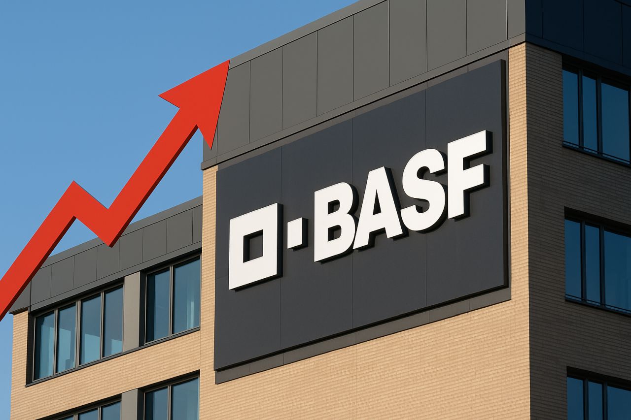 logo e scritta BASF sulla facciata di un palazzo. In sovrimpressione una freccia rossa verso l'alto