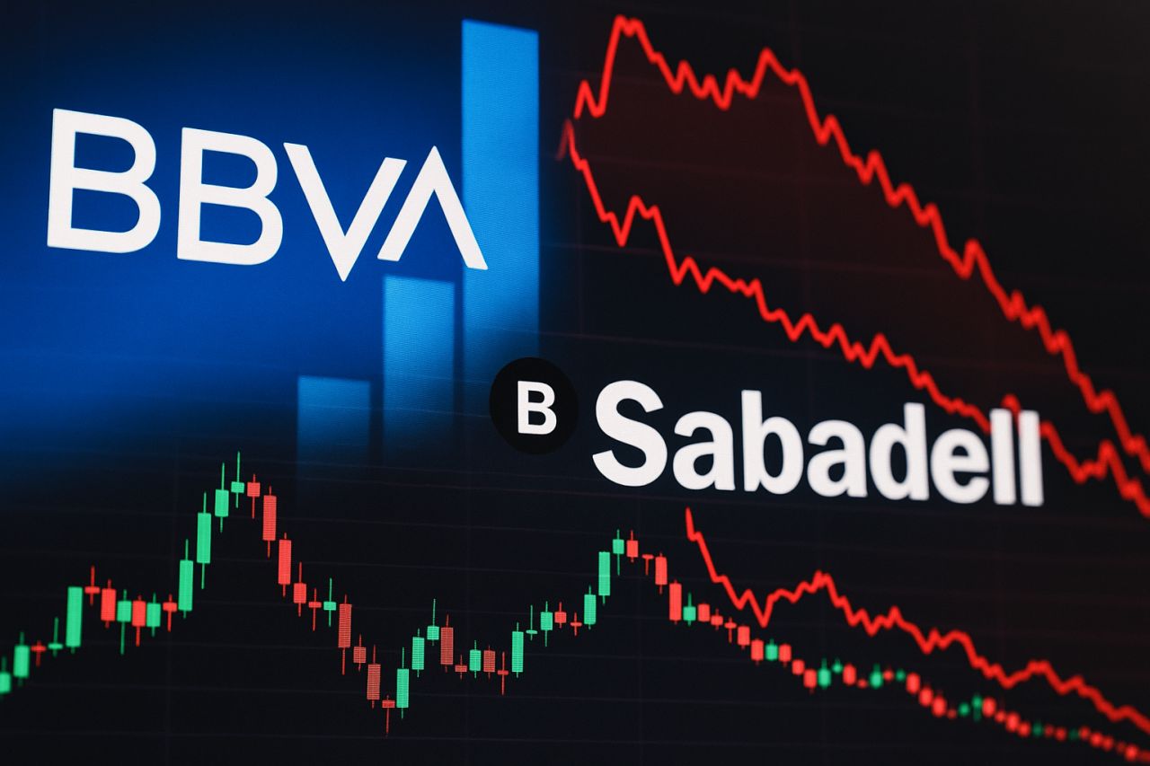 Grafici finanziari con le scritte BBVA e Sabadell in primo piano