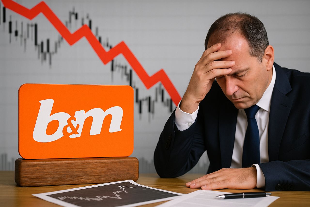un uomo in giacca e cravatto seduto a una scrivania con delle carte sotto mano. Un segnaposto con il logo b&m e un grafico finanziario in discesa sullo sfondo