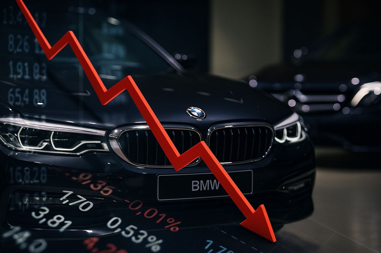 Una automobile BMW con una freccia rossa verso il basso in sovrimpressione