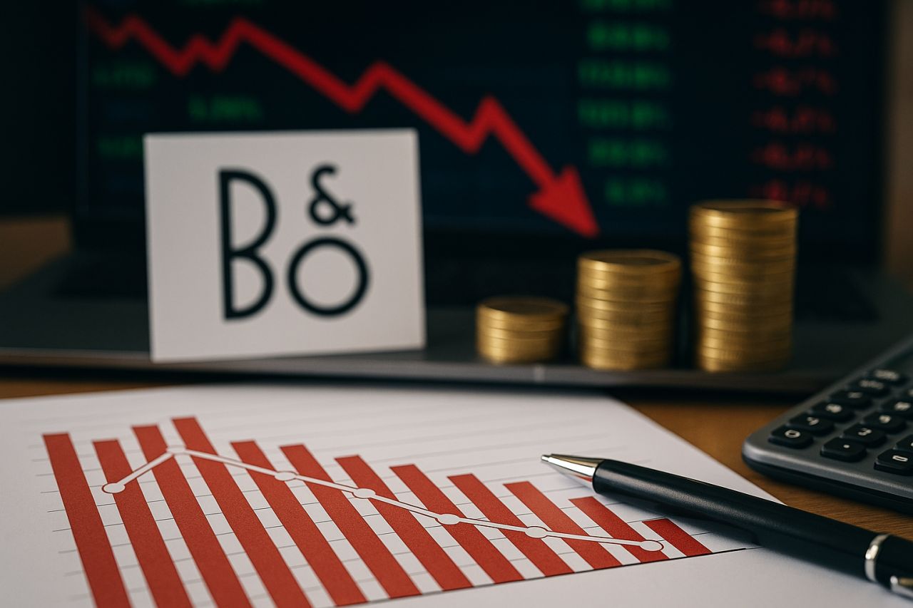 Logo B&O con un grafico sullo sfondo e un altro grafico su un foglio davanti