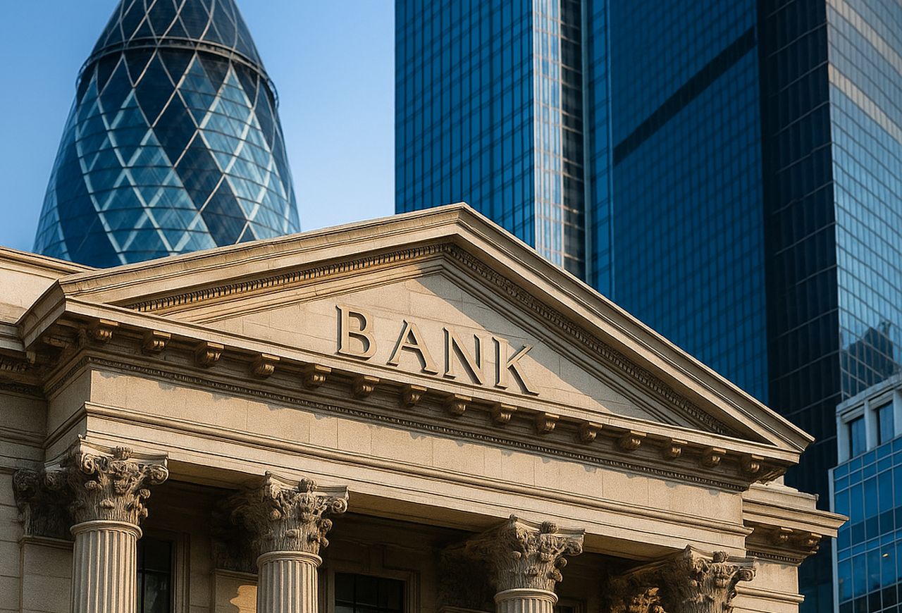 Un edificio storico con la scritta Bank e con palazzi della City of London sullo sfondo