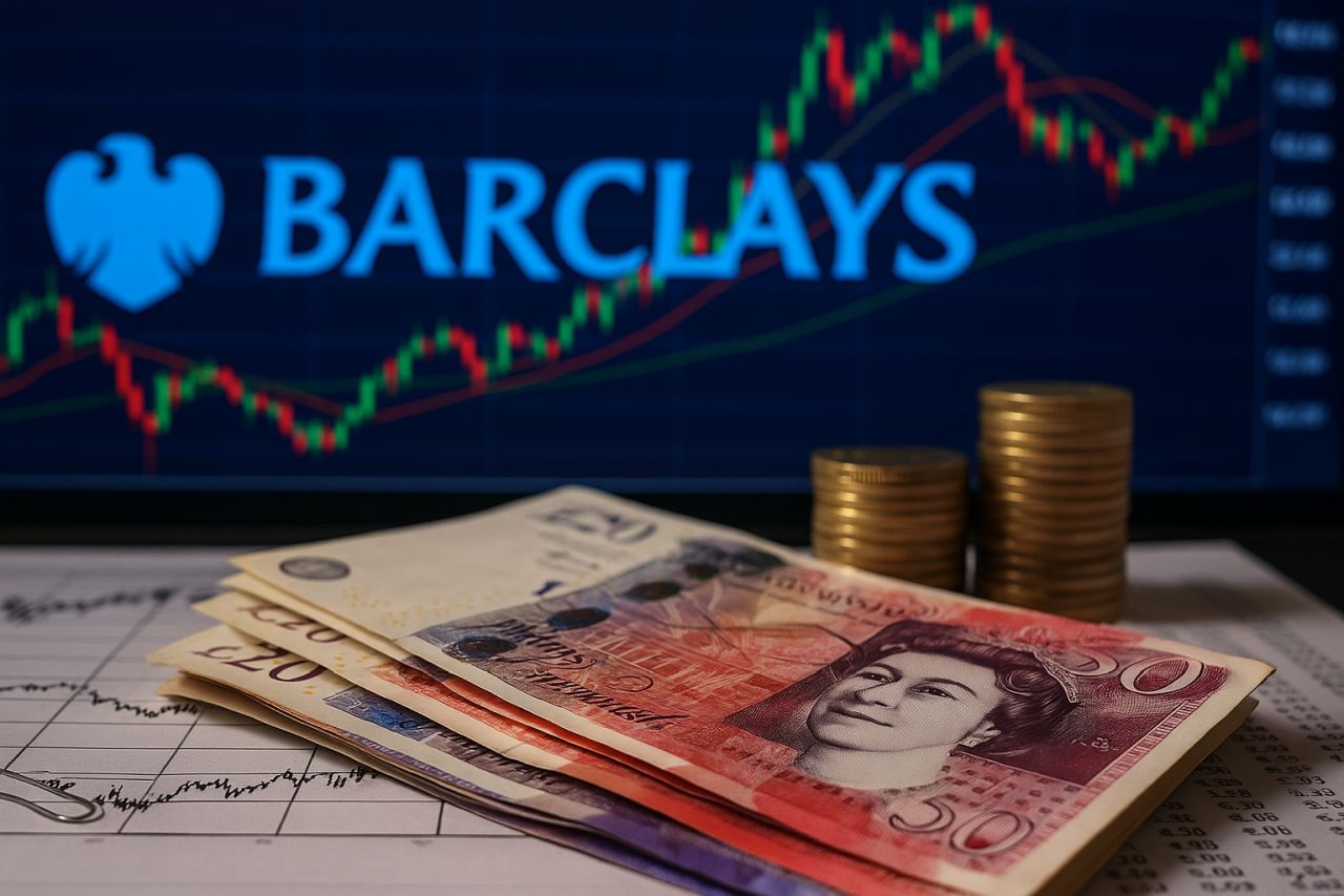 Alcune banconote su un piano con delle monetine. Sullo sfondo un grafico a candele e la scritta Barclays con logo in sovrimpressione