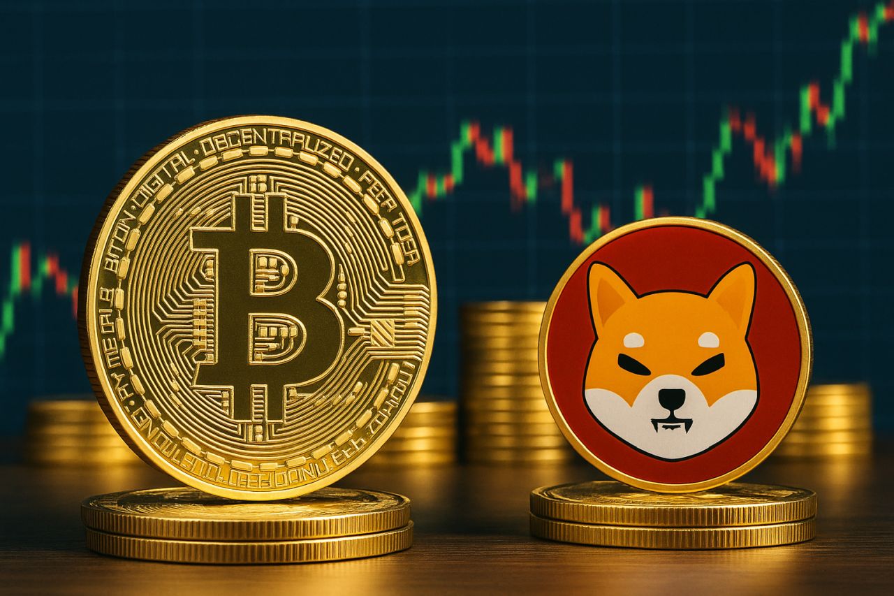 una moneta di Bitcoin accanto a una con il simbolo di Shiba Inu. Sullo sfondo un grafico a candele e altre monete disposte in piccole pile