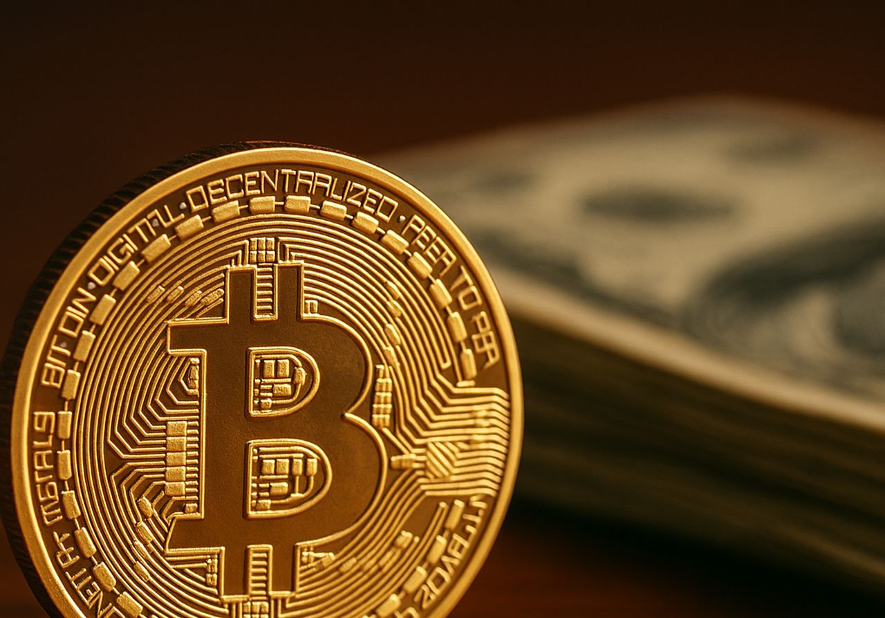 Una moneta di Bitcoin con delle banconote in dollari sullo sfondo