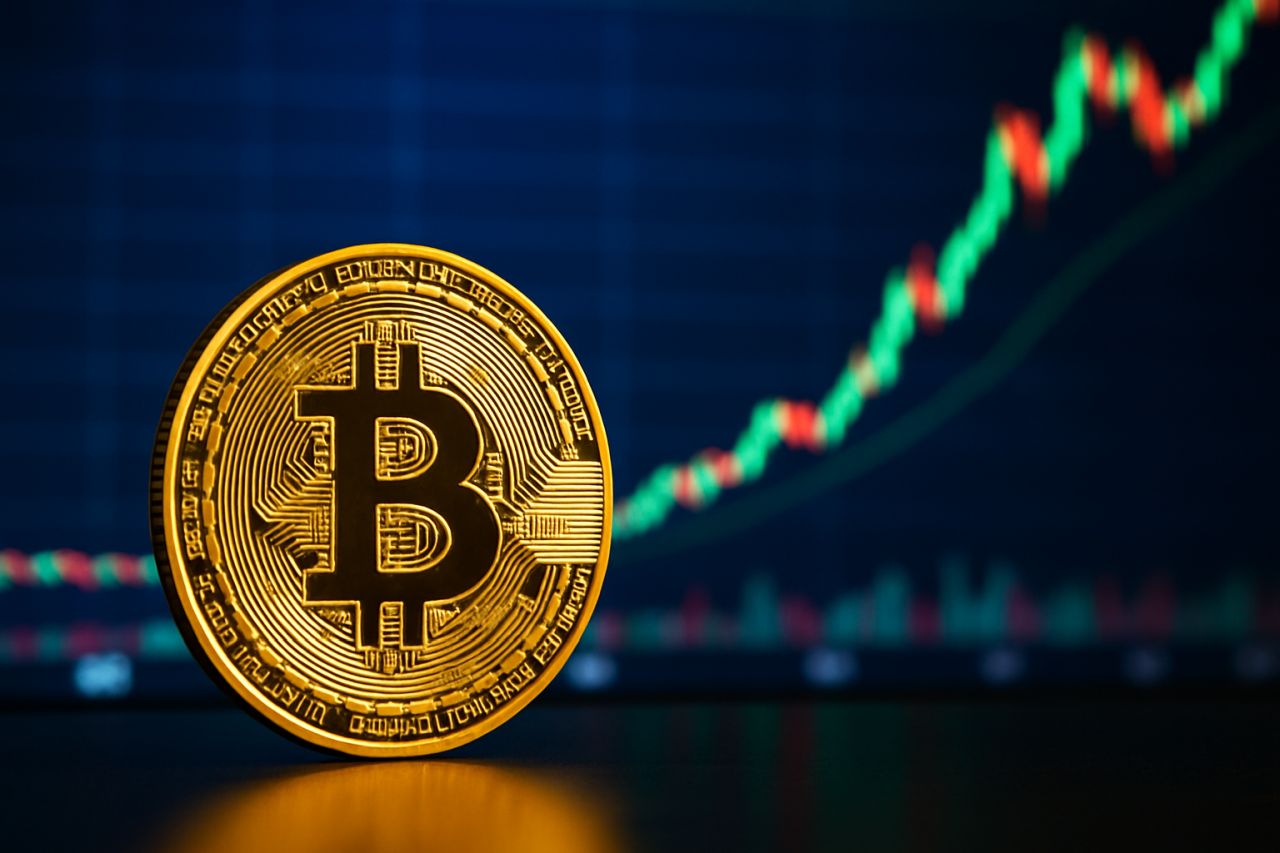 una moneta di Bitcoin con un grafico a candele sullo sfondo