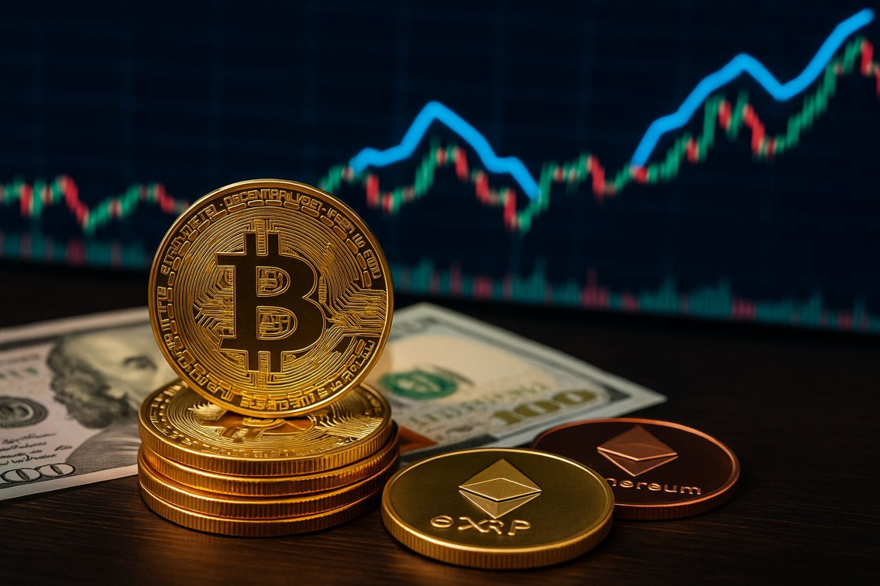 Una moneta di Bitcoin con delle banconote sul piano sotto di essa e un grafico a candele sullo sfondo