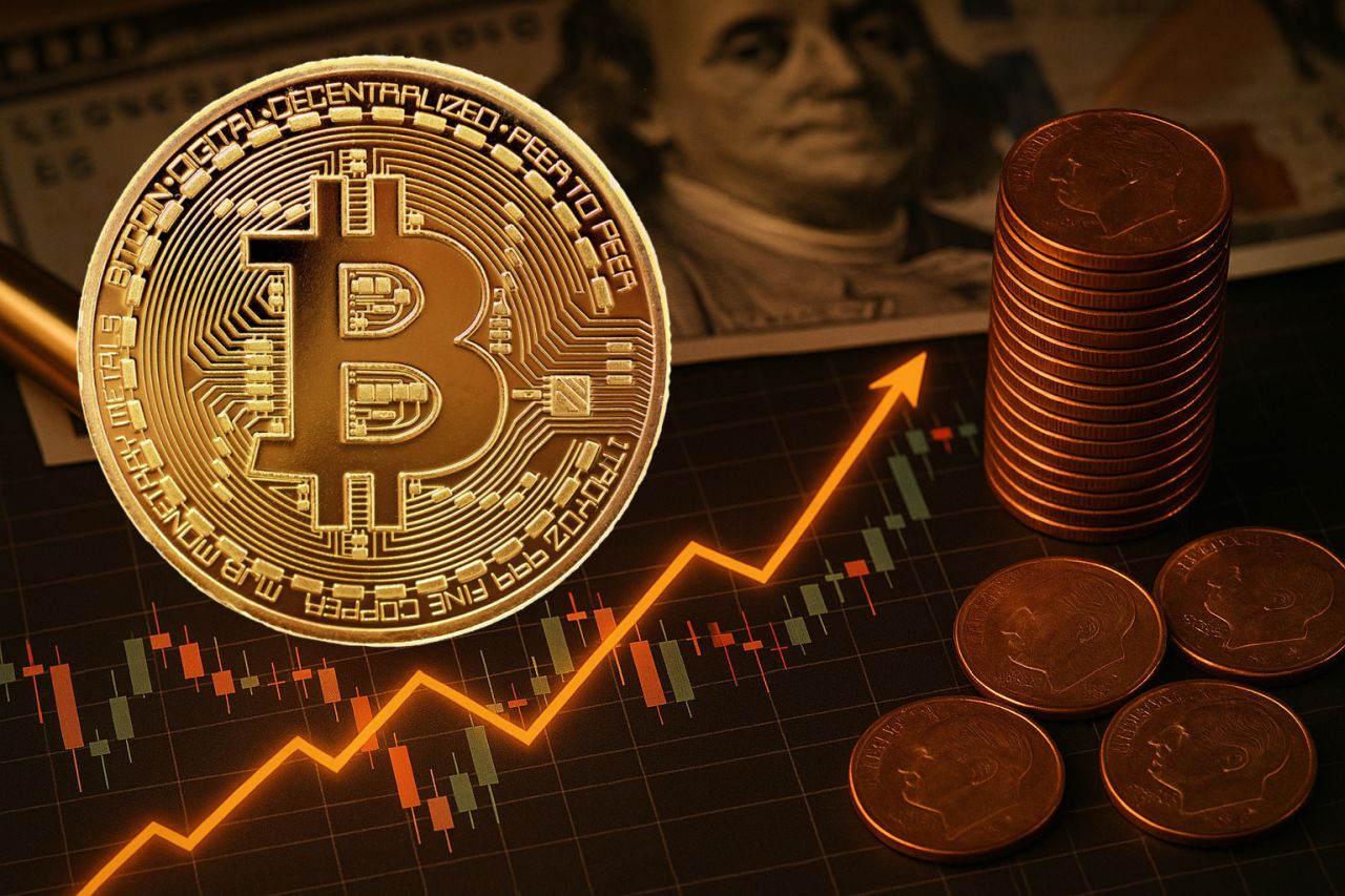 Un piano con un grafico a candele, delle monetine, una freccia verso l'alto e una banconota in dollari. In sovrimpressione in grande una moneta di Bitcoin