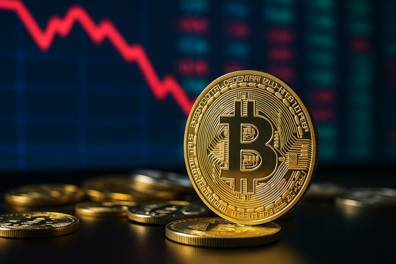 Una moneta di Bitcoin in primo piano con un grafico finanziario in discesa sullo sfondo