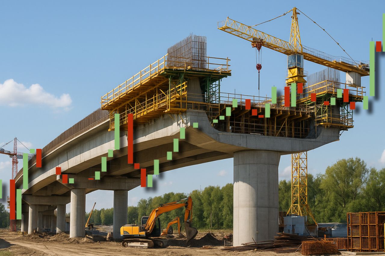 Un cantiere stradale con una strada sopraelevata incompleta. In sovrimpressione un grafico a candele