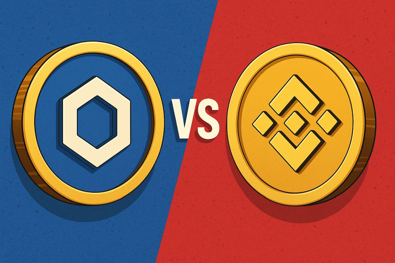 il simbolo di Chainlink a sinistra su sfondo blu e quello di BNB a destra su sfondo rosso