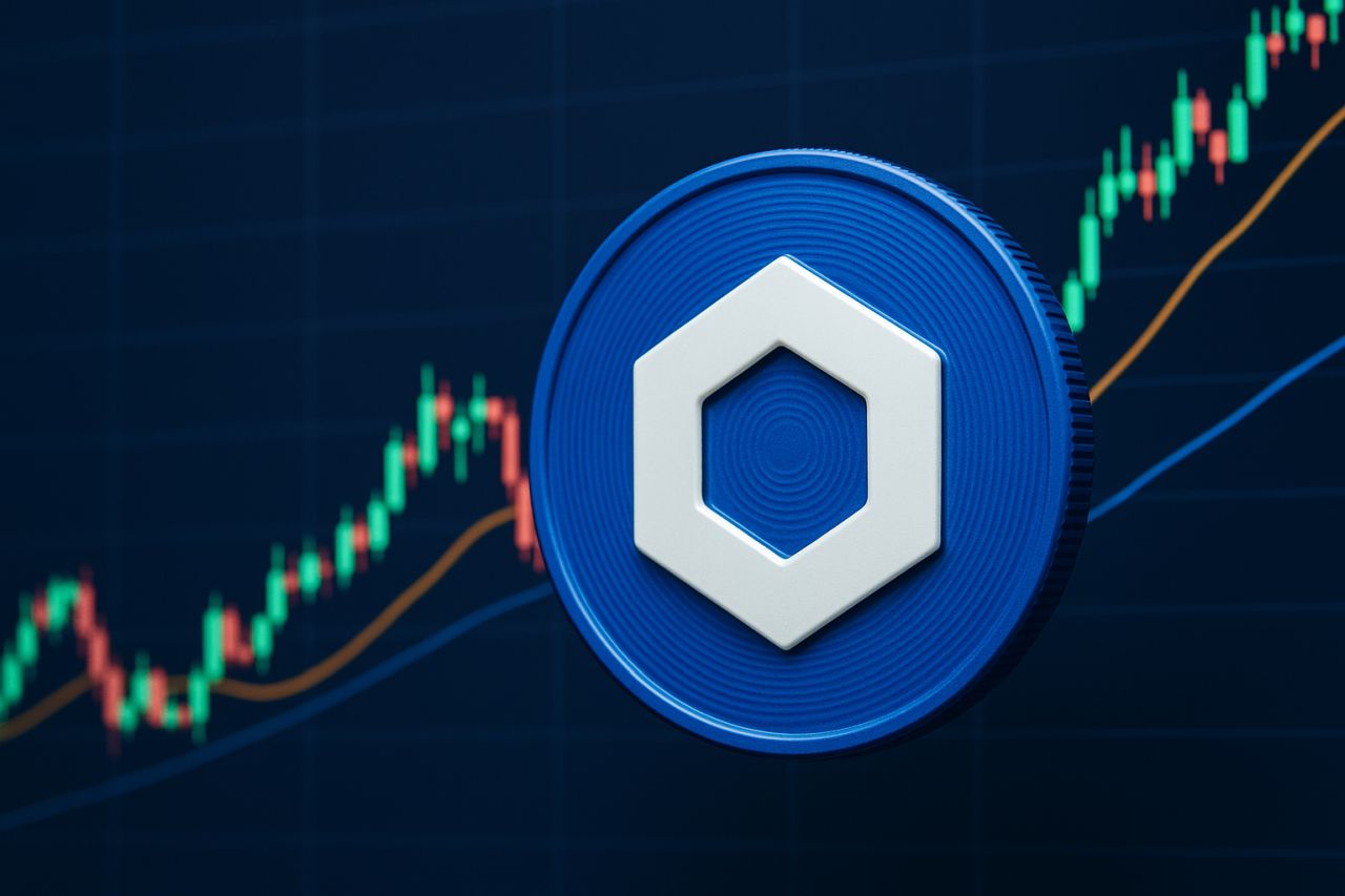 una moneta blu con il simbolo di Chainlink e un grafico a candele sullo sfondo