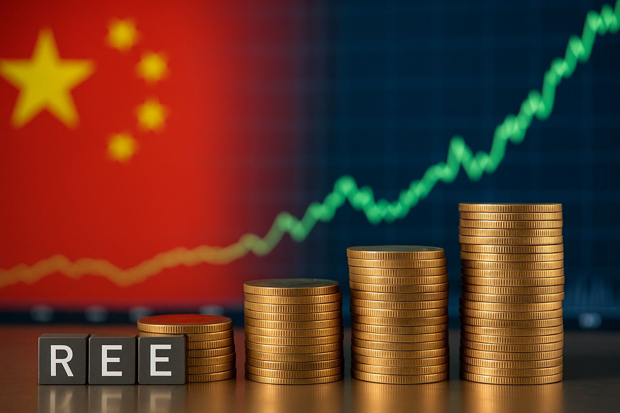 Delle pile di monetine disposte in scala con un grafico che le percorre verso l'alto e la bandiera della Cina sullo sfondo