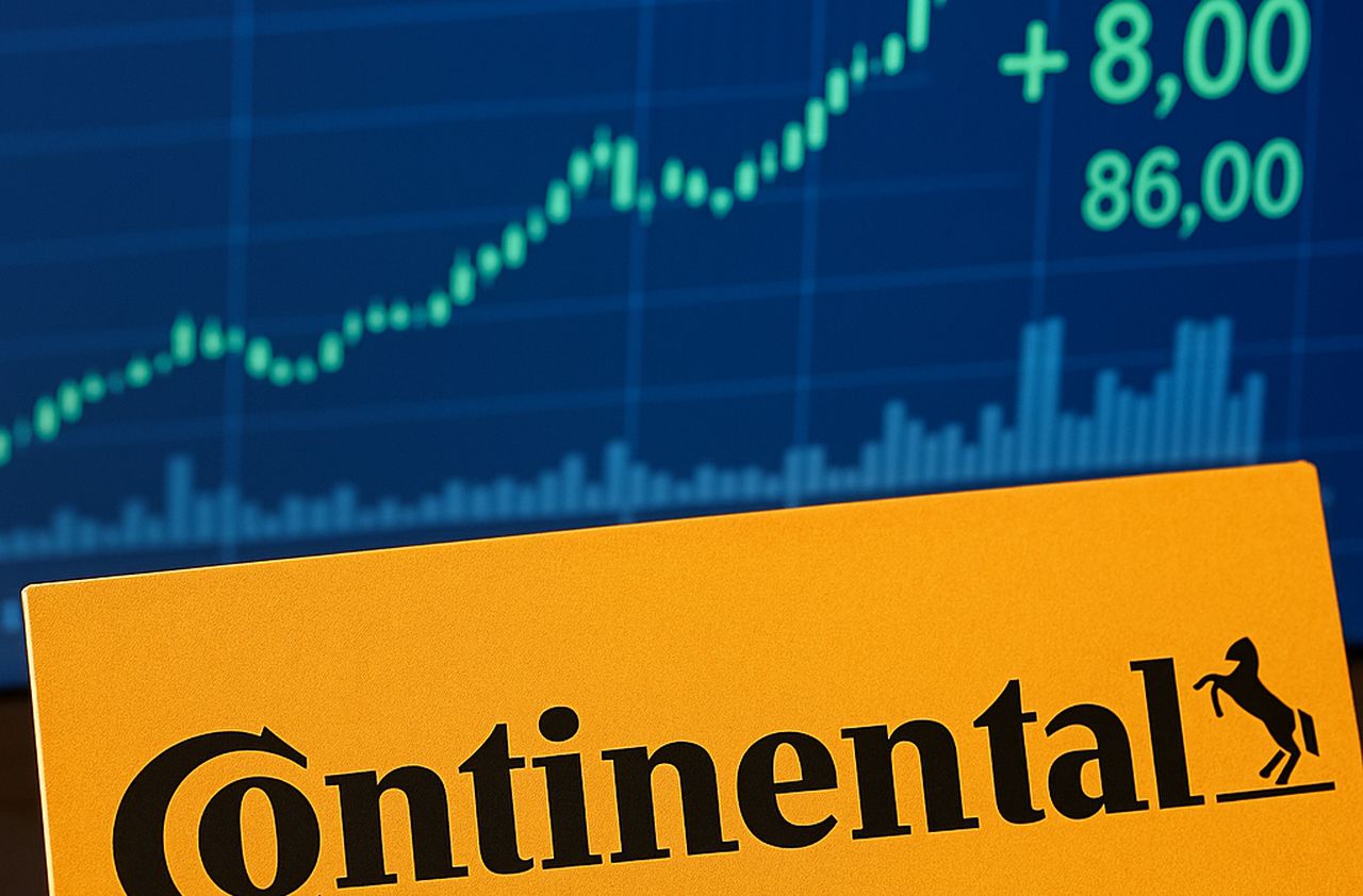 Un grafico finanziario che indica un rialzo dell'8% e logo e scritta Continental su fondo giallo in primo piano