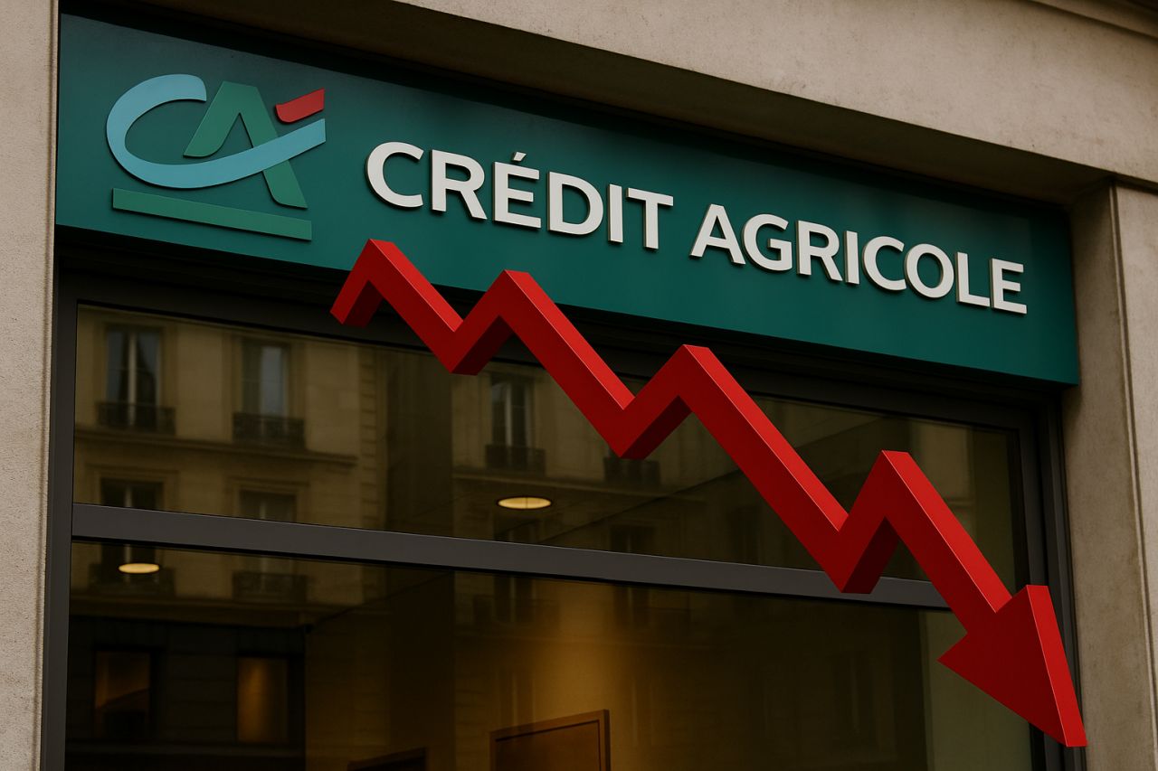 La scritta Crédit Agricole sull'ingresso di una delle filiali. In sovrimpressione una freccia rossa verso il basso