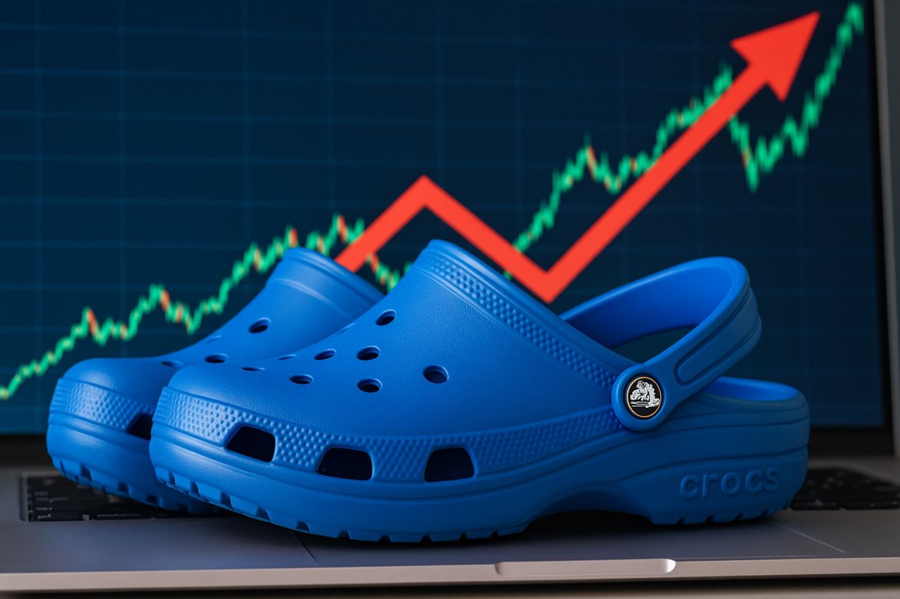 Un paio di Crocs blu con un grafico in crescita sullo sfondo