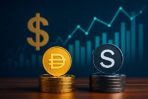 Monetine stilizzate con simboli di crypto e un grafico a colonne sullo sfondo