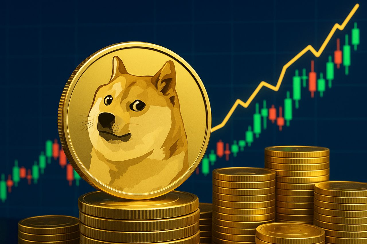 Una moneta di Dogecoin con varie monetine impilate intorno e un grafico a candele sullo sfondo